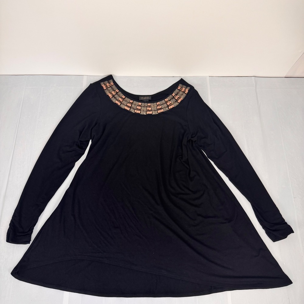 Isabel Tunic Top Womens Large Black Beaded Neckline Asymmetrical Hem Long Sleeve